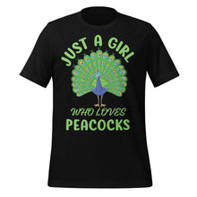 Load image into Gallery viewer, Black t-shirt with a peacock graphic and text on a white background