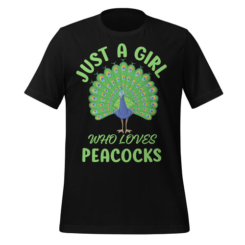 Black t-shirt with a peacock graphic and text on a white background
