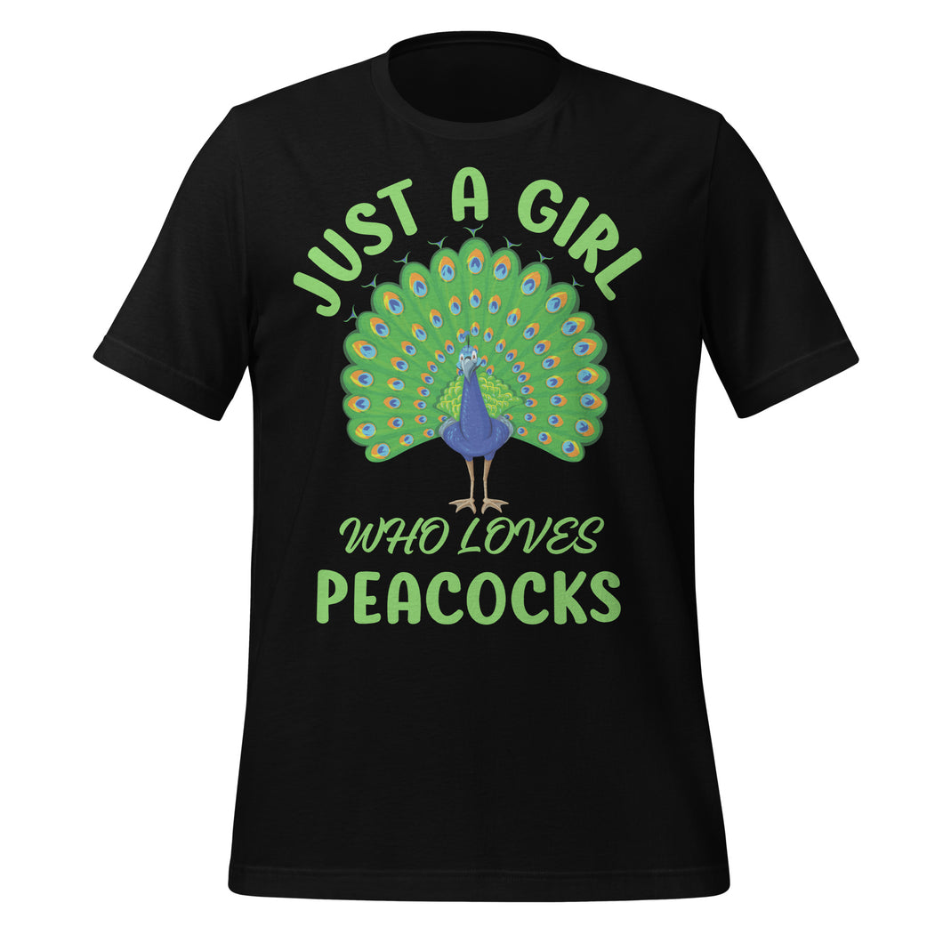 Black t-shirt with a peacock graphic and text on a white background