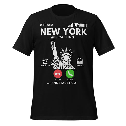 Black t-shirt with New York Is Calling Statue of Liberty Funny Travel T-Shirt