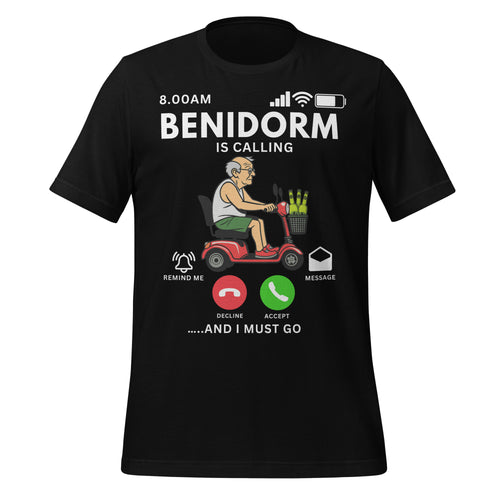 Benidorm Funny Holiday T Shirt Black t-shirt with a graphic design featuring text and a character on a scooter.