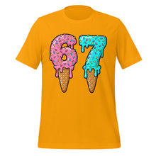 Load image into Gallery viewer, Yellow t-shirt with ice cream cone design featuring numbers 6 and 7 on a white background