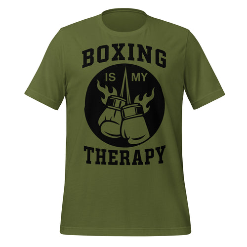 Green t-shirt with 'Boxing is my Therapy' graphic on a white background