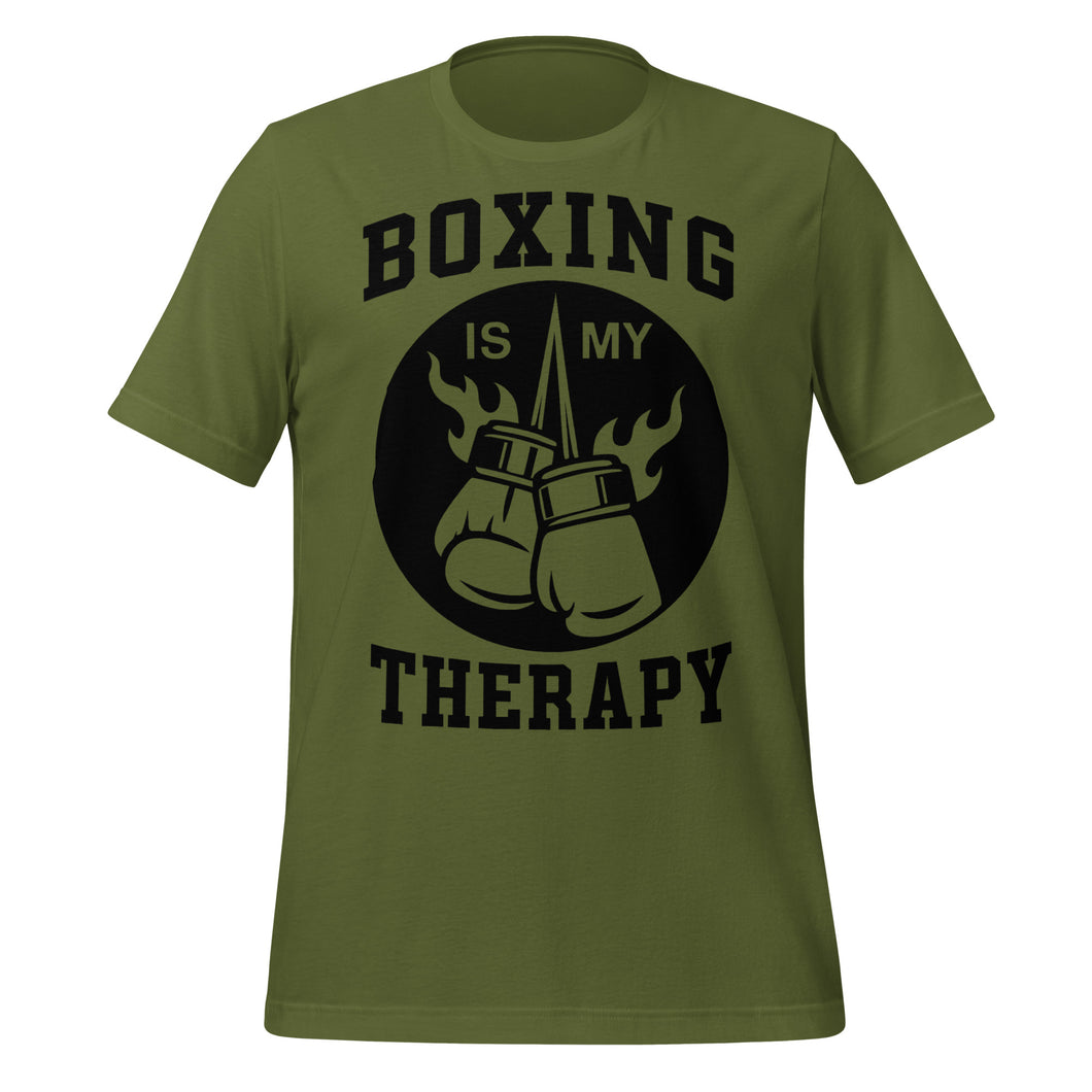 Green t-shirt with 'Boxing is my Therapy' graphic on a white background